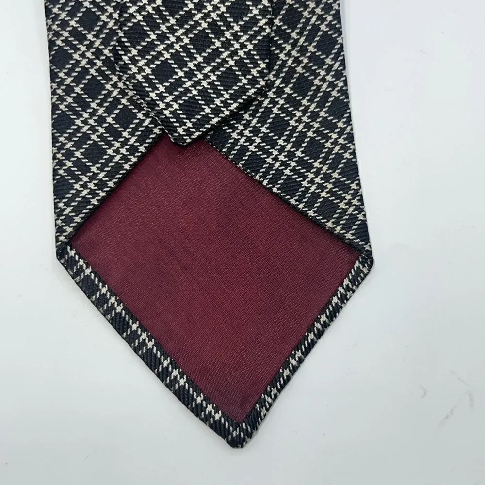 POLO RALPH LAUREN Handmade Midnight Blue and Offwhite Plaid Pattern Silk Tie